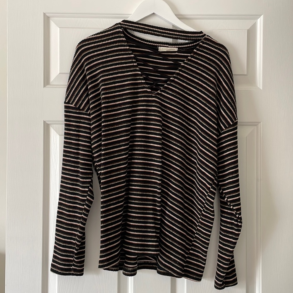 Black v-neck, stripped sweater